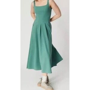 COS Midi Dress Square Neck Sleeveless Pleated A-Line Green Size M